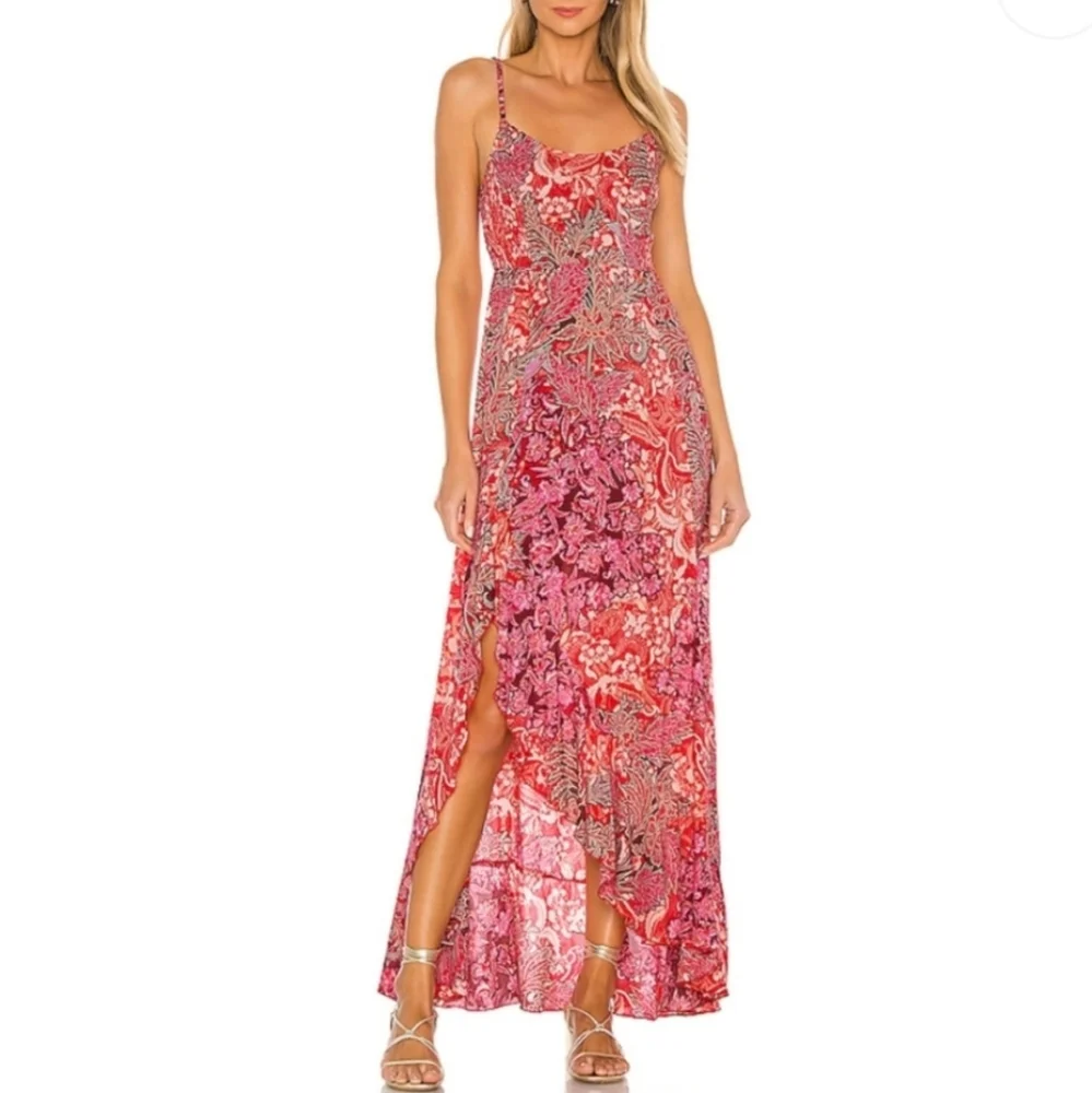 Free People Forever Yours Smocked Slip Dress Maxi Ruffled Slit Floral Red Sm NWT - Picture 16 of 16